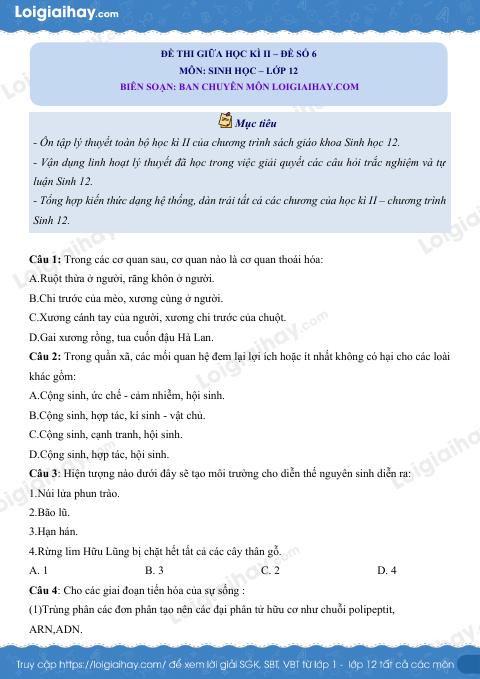 Đề kiểm tra giữa kì 2 Sinh 12 - Đề số 6 có lời giải chi tiết
